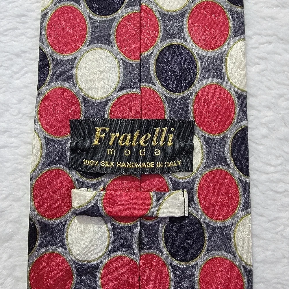 NWOT Fratelli Moda 100% Silk Made In Italy Mens Tie Circles Geometric Red Black